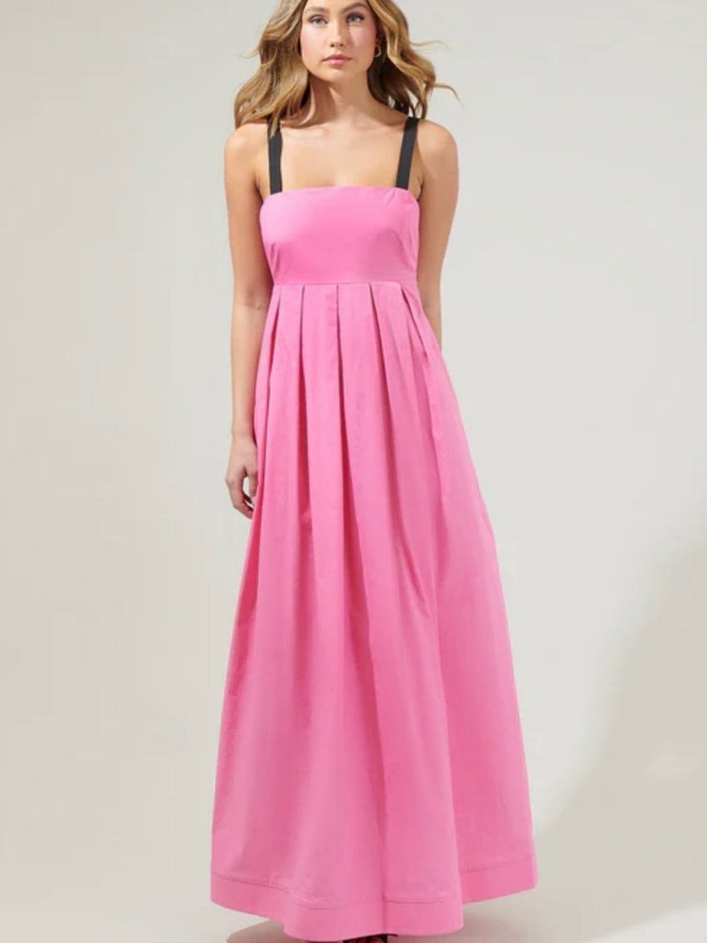 Sugarlips Fabiola Pleated Maxi Dress Bright Pink with Black Straps & Tie Size L